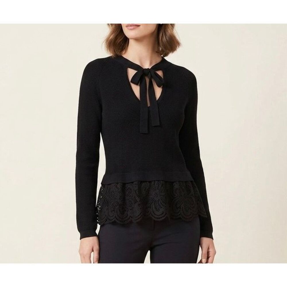 Anthropologie Sweater‎ Blouse Knit Top Long Sleeve Toe Neck Lace  Black Small
